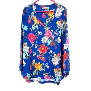 Soft Surroundings Size Medium Long Sleeve Blouse Top Shirt Blue Floral Print